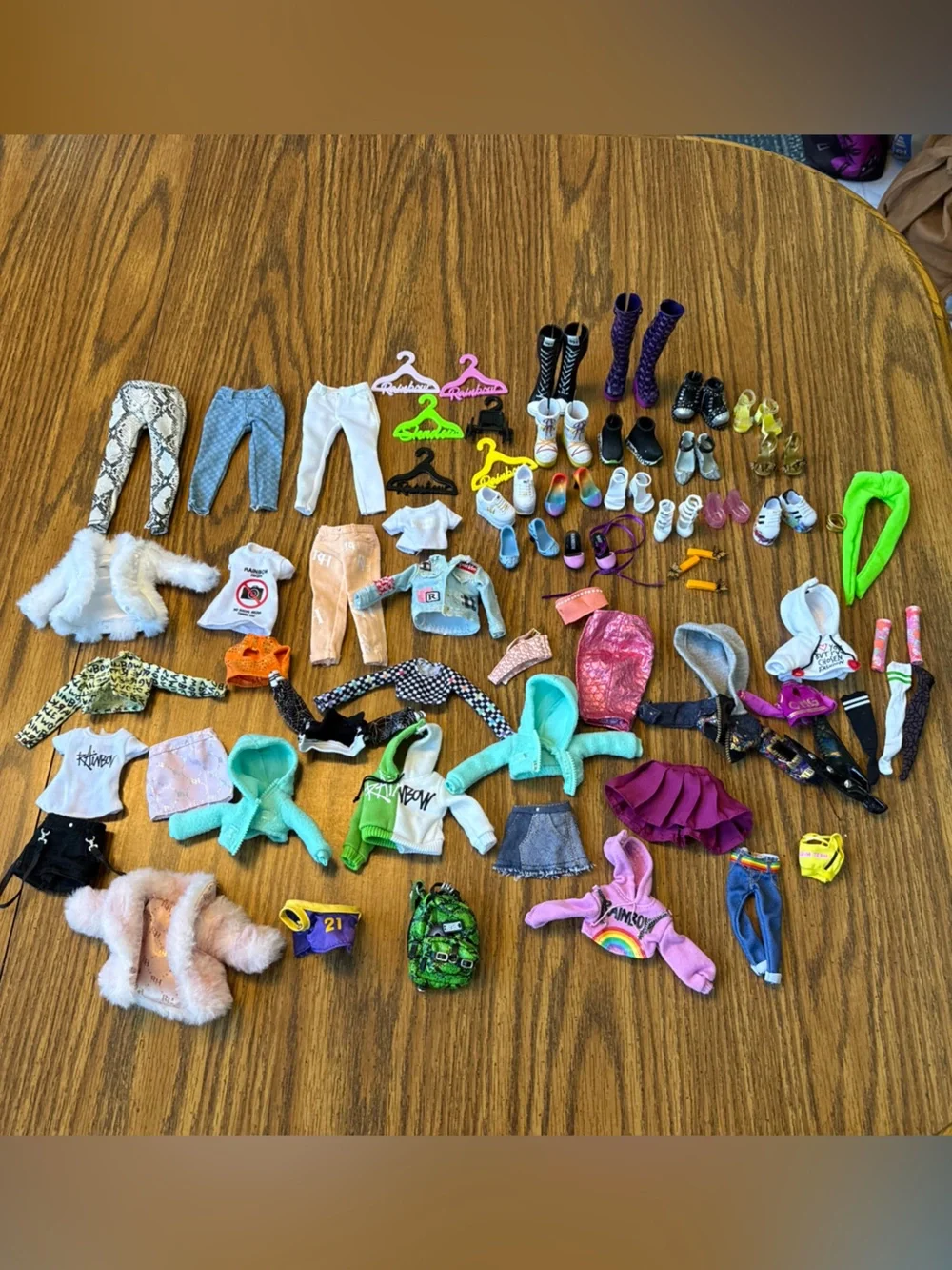 Huge lot of rainbow high doll clothes, shoes, boots, accessories